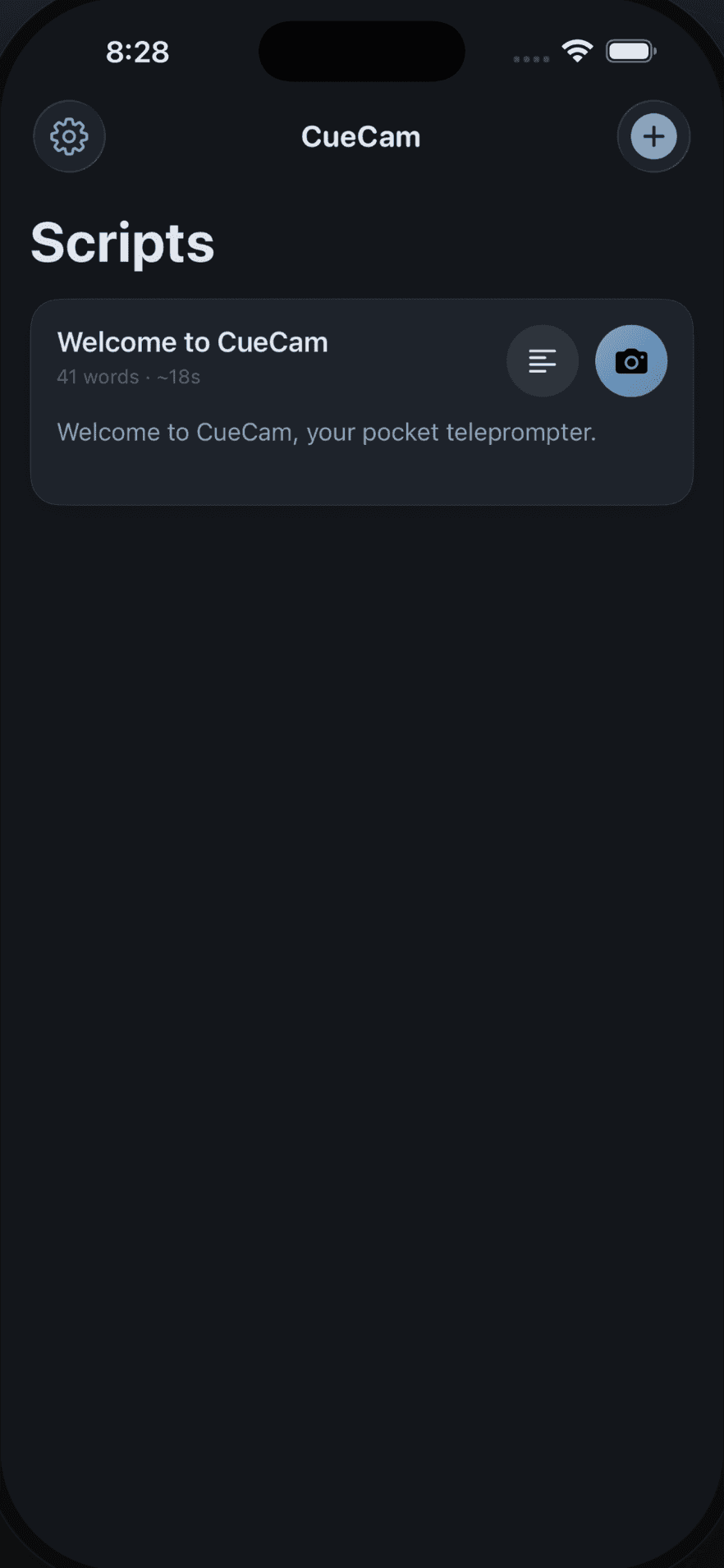 CueCam scripts library on the dark theme, each script showing its word count and estimated read time