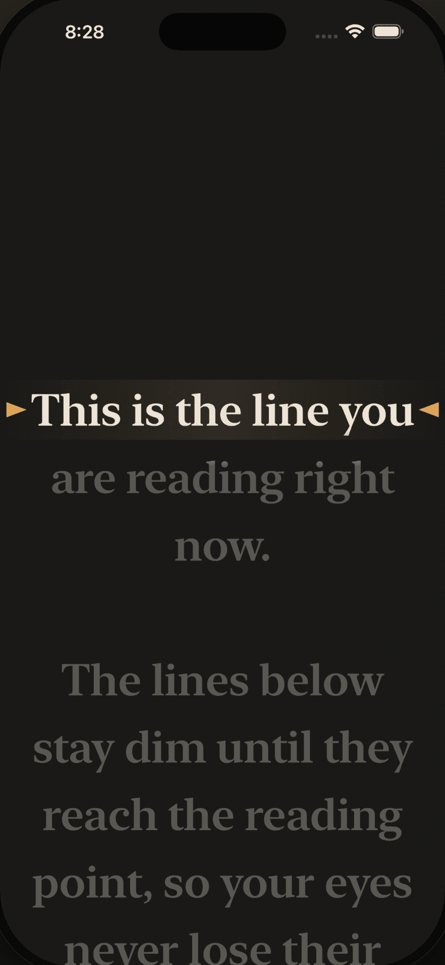 CueCam karaoke mode on the dark theme, the current line lit between amber markers while the lines below stay dimmed