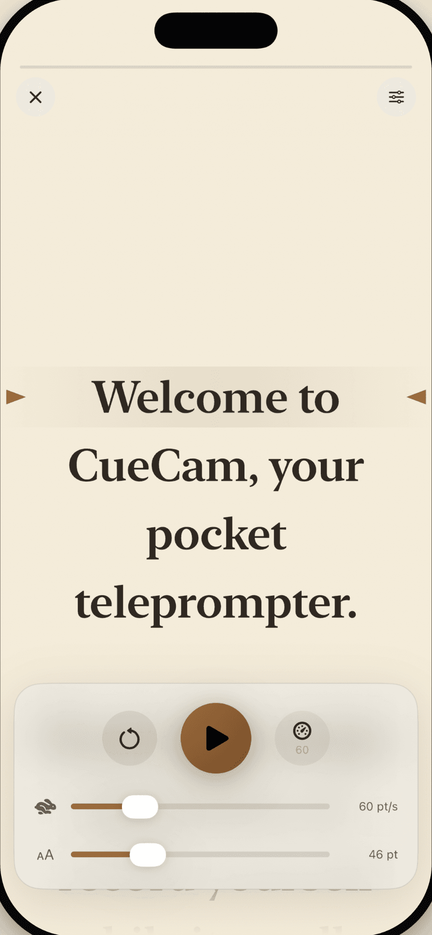 CueCam reader on the warm paper theme, showing a script between reading-line markers with a play button and scroll speed and text size sliders