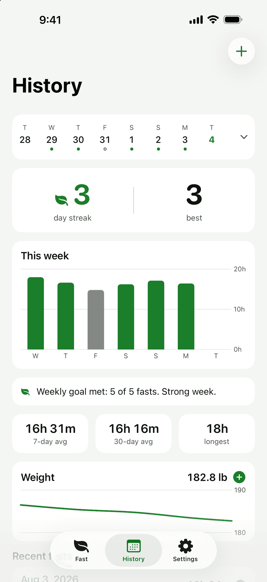 Nuvex history screen showing a calendar of completed fasts, a streak count, and a week chart