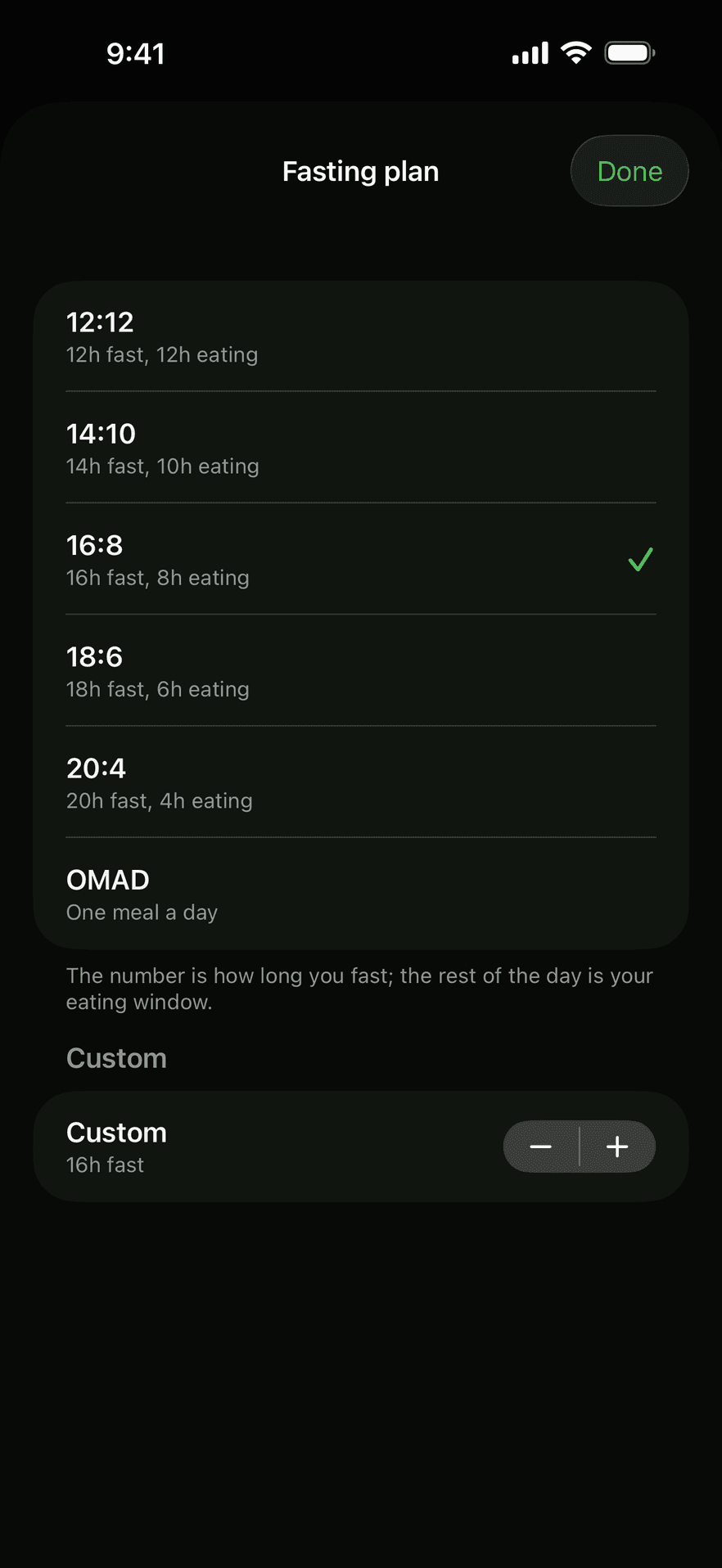 Nuvex fasting plan picker in dark mode listing 12:12, 14:10, 16:8, 18:6, 20:4, and OMAD