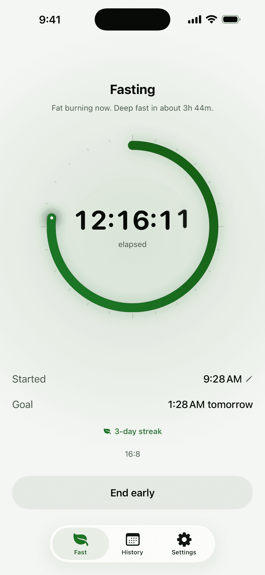 Nuvex fasting timer on iPhone, the progress ring showing hours elapsed with the goal time below