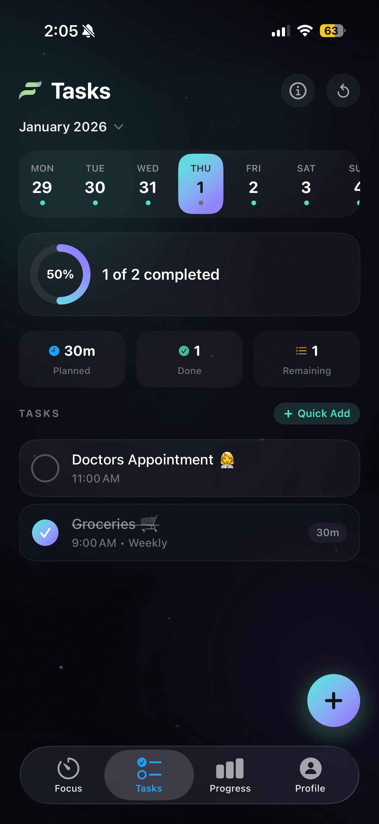 FocusFlow tasks screen with a weekly calendar strip and the day's to-do list