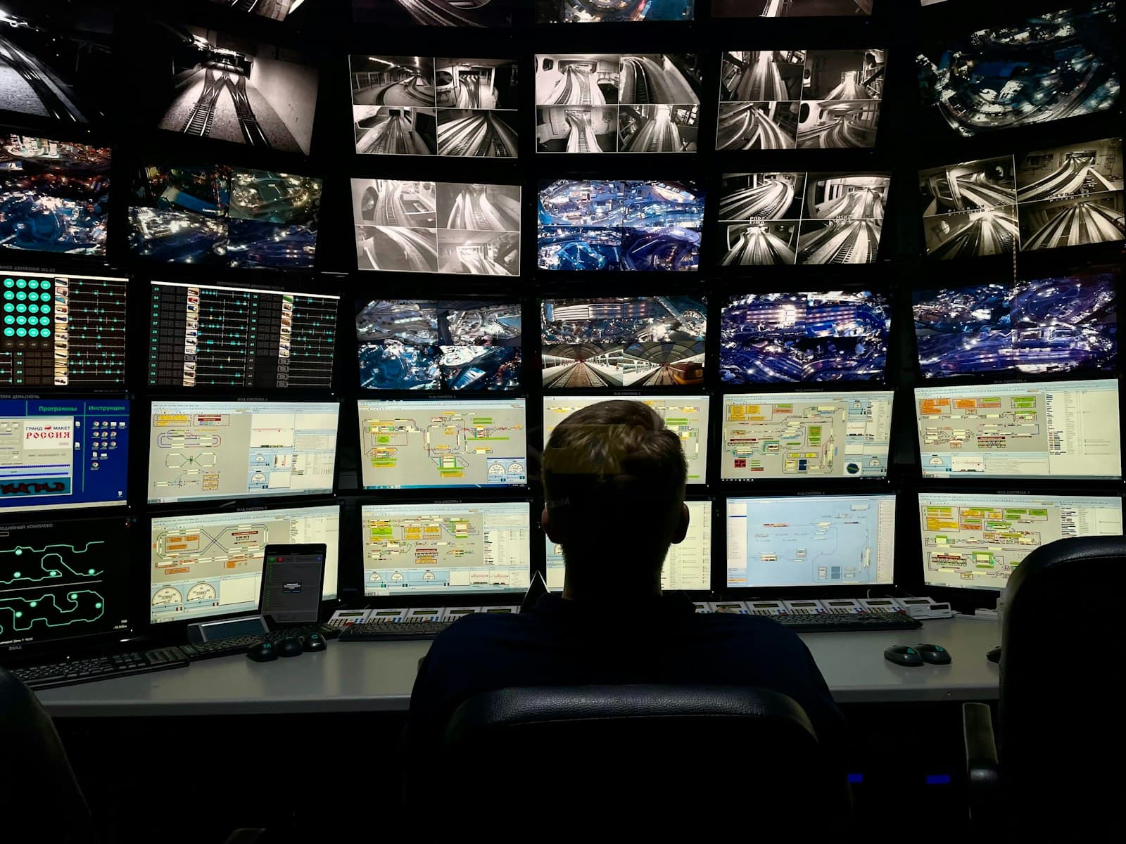 An operator seated at a monitoring desk in a dark operations room, facing a wall of screens showing surveillance camera feeds and data dashboards that glow teal, blue and amber