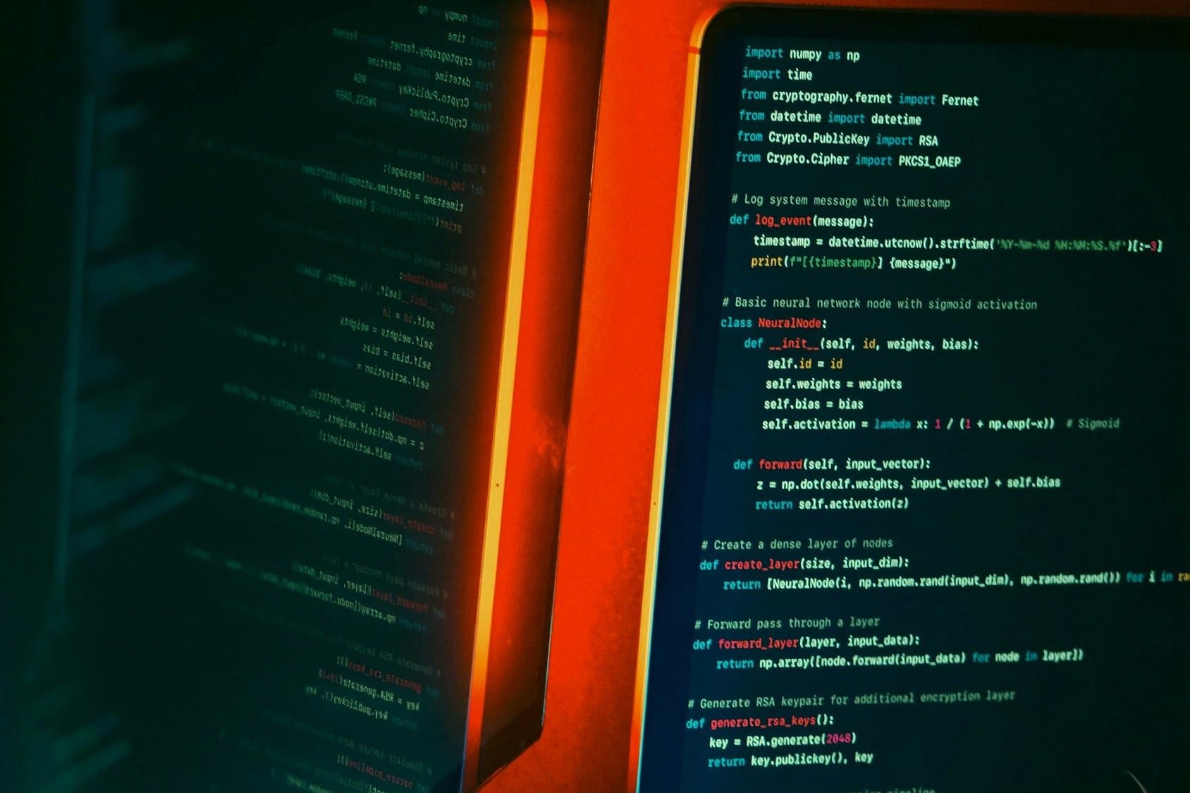 Two monitors on a desk showing lines of source code, lit by warm and teal ambient light
